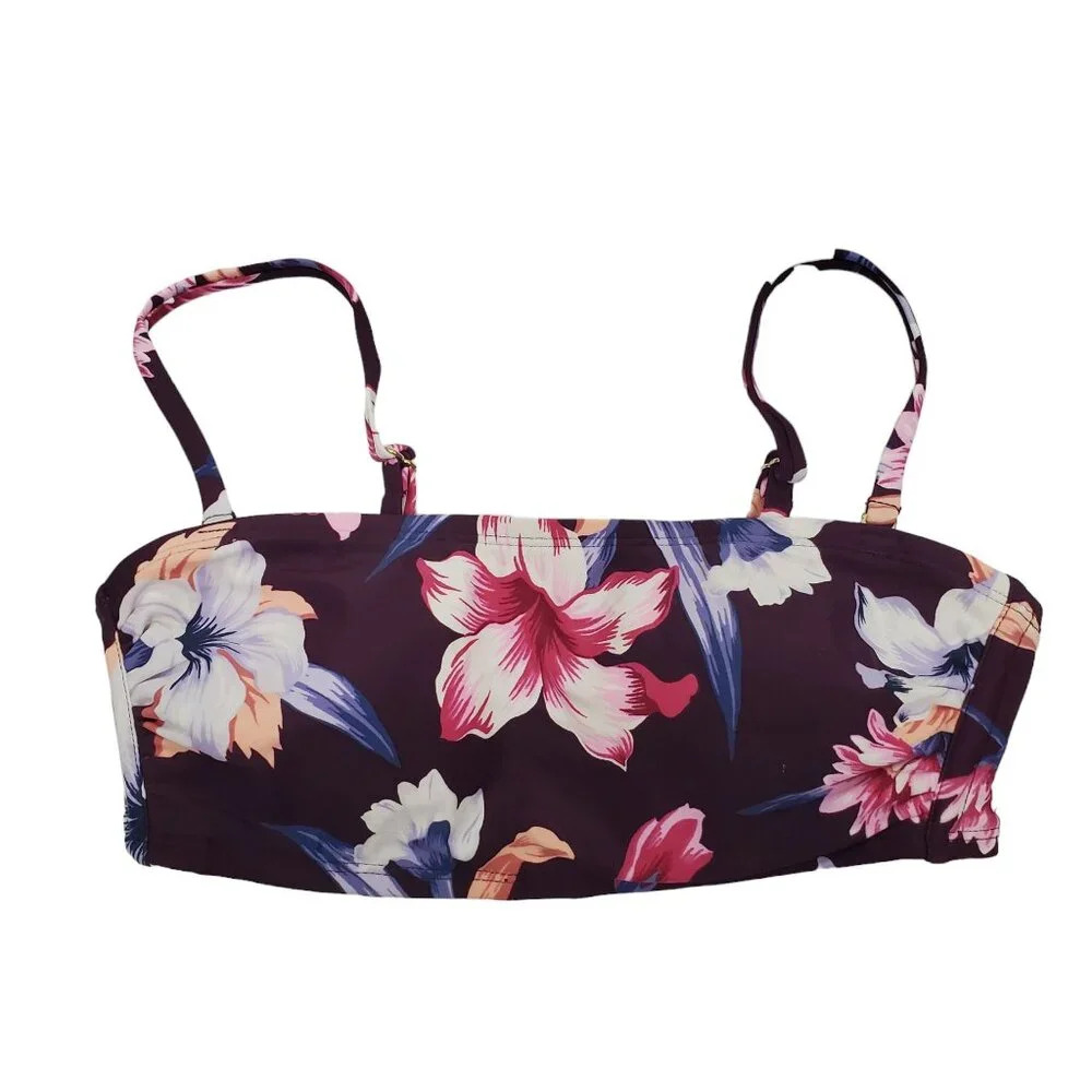 Kona Sol Women's Purple White Tropical Flower Convertible Bandeau Bikini Top‎ S